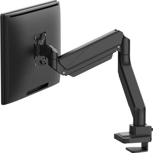 Single black monitor arm bent at 45º, with a bracket for a single monitor.  