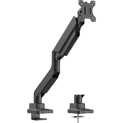 Single black monitor arm bent at 45º, with a bracket for a single monitor.  