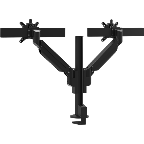 Black Galaxy 2MS Dual Monitor Arm with top mount, designed for dual-screen setups with perfect alignment.