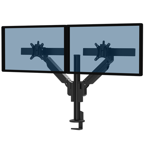Black Galaxy 2MS Dual Monitor Arm with top mount, designed for dual-screen setups with perfect alignment.