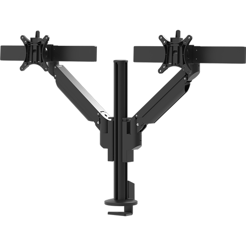 Black Galaxy 2MS Dual Monitor Arm with top mount, designed for dual-screen setups with perfect alignment.