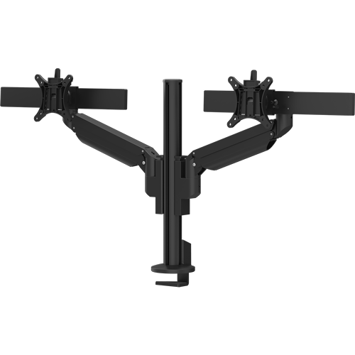 Black Galaxy 2MS Dual Monitor Arm with top mount, designed for dual-screen setups with perfect alignment.