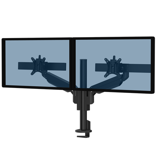Black Galaxy 2MS Dual Monitor Arm with top mount, designed for dual-screen setups with perfect alignment.